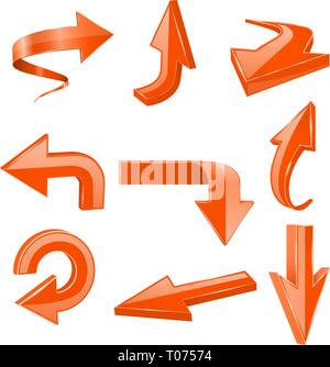Orange set arrows. 3d shiny icons Stock Vector