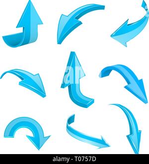 Blue 3d shiny arrows. Set of bent icons Stock Vector