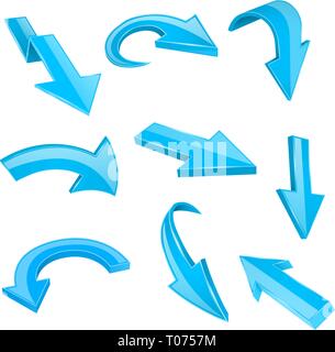 Blue 3d shiny arrows. Set of bent icons Stock Vector
