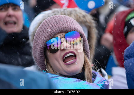 Ski Stadium, Oestersund, Sweden, 17th March 2019.  It was Men's and Women's Mass Start on the final day of the IBU Biathlon World Championships and 20,000 fans filled the stadium in Östersund. Athletes and spectators had to deal with high winds and heavy snow the whole day. Pictured: Fans soak up the electric atmosphere and try to ignore the constant snow Picture: Rob Watkins/Alamy News Stock Photo