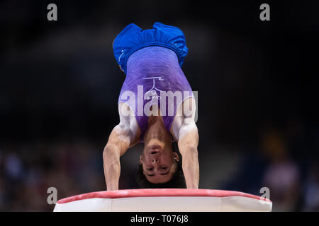 Liverpool, UK. 17th March, 2019. Jake Jarman preforms Vault in Men's Master Final during the 2019 Gymnastics British Championships at M&S Bank Arena on Sunday, 17 March 2019. LIVERPOOL ENGLAND. (Editorial use only, license required for commercial use. No use in betting, games or a single club/league/player publications.) Credit: Taka G Wu/Alamy News Stock Photo