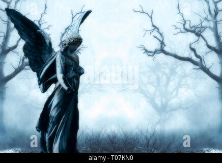 illustration of scary graveyard with fog and a statue in front and trees Stock Photo