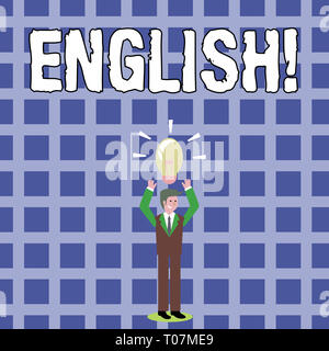 Text sign showing English. Business photo text Relating to England its People or their Language Businessman Standing Raising Arms Upward with Lighted  Stock Photo