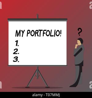 Text sign showing My Portfolio. Business photo showcasing Samples of work Art drawings photography Businessman with Question Mark Above his Head Stand Stock Photo