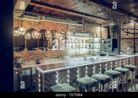 bar wooden chairs counter cafe window near glass table interior alamy loft decorated brick lighting being