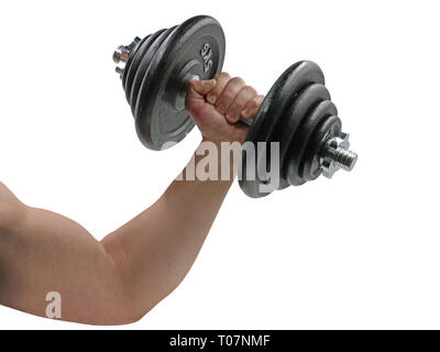 Hand holding heavy black dumbbell isolated on white background Stock Photo