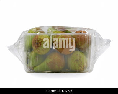 Pears wrapped with foil in plastic container isolated on white background Stock Photo