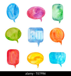 Set of Colorful Speech Bubbles or Conversation Clouds. Painted by Watercolor and Isolated on White Background Stock Photo