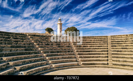 Ancient ruins of Kourion city near Pathos and Limassol, Cyprus. Lighthouse and theater under the blue sky. Travel outdoor background Stock Photo