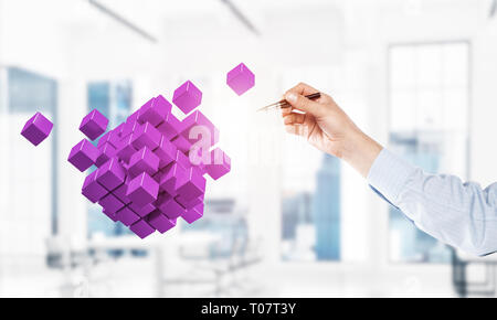 Integrating new technologies concept with cube figure floating in air. Mixed media Stock Photo