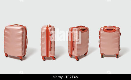 Collection of brown suitcases for travel on a gray background with with copy space. Creative layout. Stock Photo