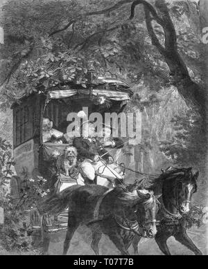 mail, mail coach, cart of the Royal Bavarian mail, 'In a Bavarian wagon', wood engraving after painting by Joseph Watter, 'Die Gartenlaube', 1870, Additional-Rights-Clearance-Info-Not-Available Stock Photo