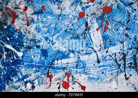 Beautiful and interesting artistic abstract splatter painting with blue as a dominant color, acrylic painting Stock Photo