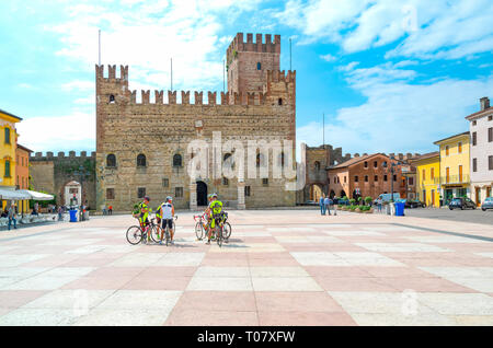Italy, Marostica, The square where the traditional chess game is played with the Lower Castle in the background