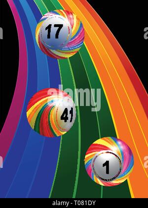 3D Illustration of Three Striped Bingo Lottery Balls Over Rainbow on Black Background Stock Vector