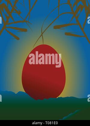 Red Easter Egg On a Serene Scene With Sunset Mountains and Vegetation Background Stock Vector