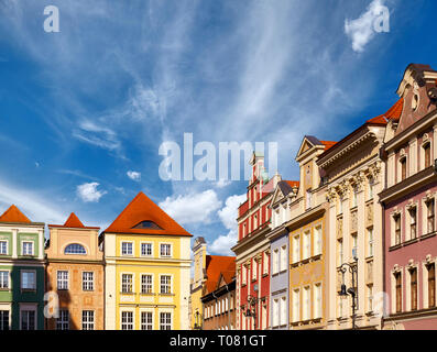 Poznan Old Town colorful houses facades against the sky, Poland. Stock Photo