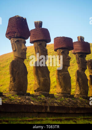 Moais of Ahu Nau Nau in Anakena beach in Easter Island, Chile Stock Photo