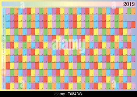 Annual planner 2019 with specific color for each day of the week pastel design Stock Vector