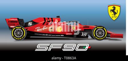 MARANELLO, MODENA, ITALY, YEAR 2019 - Ferrari Formula 1 SF90, editorial Stock Vector