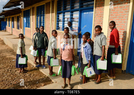 RWANDA, Ruhengeri, Primary school, Initiative One laptop per child OLPC founded by Nicholas Negroponte, digital education for children using a XO laptop, the so called 100 Dollar computer - digitalization Stock Photo