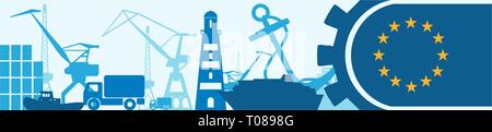 Cargo port relative icons set. European Union flag in gear. Stock Vector