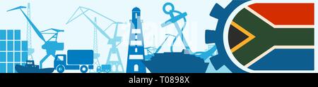 Cargo port relative icons set. South Africa flag in gear. Stock Vector