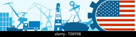 Cargo port relative icons set. USA flag in gear. Stock Vector