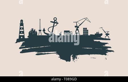 Cargo port relative icons set. Stock Vector
