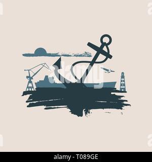 Cargo port relative icons set. Stock Vector