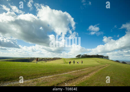 Early spring on South Downs Way in West Sussex, England. Chanctonbury Ring, prehistoric hill fort, in the distance. Stock Photo