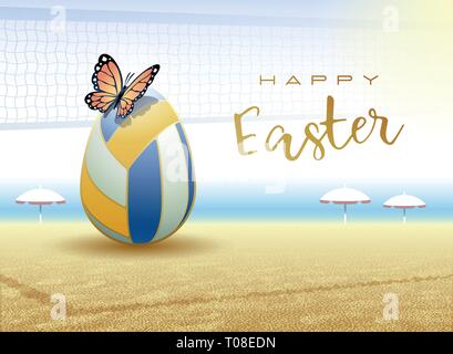 Happy Easter. Easter egg in the form of a beach volleyball ball with Butterfly. Vector illustration. Stock Vector
