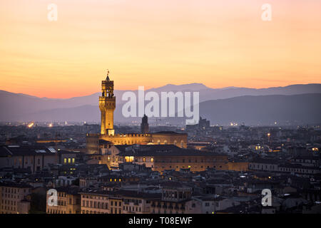 Ancient Florence cityscape and Palazzo Vecchio sunset view, Tuscany region of Italy Stock Photo