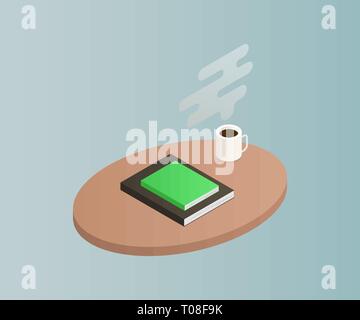 Isometric table with books isolated on background. 3d shelves filled with books. Vector illustration Stock Vector