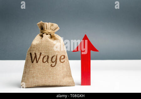 Bag with money and word Wage and up arrow. Increase of salary. Wage rates. Career growth. Increase profits and family budget. Promotion. Raising the s Stock Photo