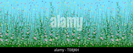 Grass and Flowers, Seamless Stock Vector