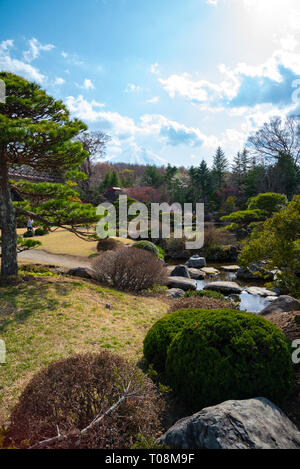 Traditional house, spring garden at ancient Oshino Hakkai village near Mt. Fuji, Fuji Five Lake region, Minamitsuru District, Yamanashi Prefecture, Ja Stock Photo