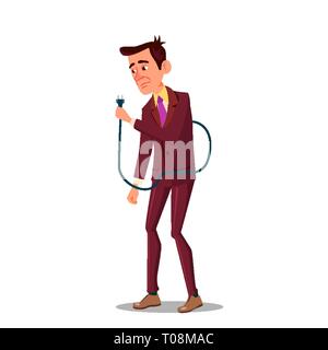 Sad Tired Businessman Holding Power Cord In Hand Vector Flat Cartoon Illustration Stock Vector