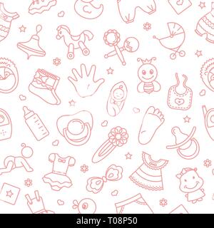 Colorful of seamless pattern of children toys and various children elements in pink. The pattern consists of linear children icons. Stock Vector
