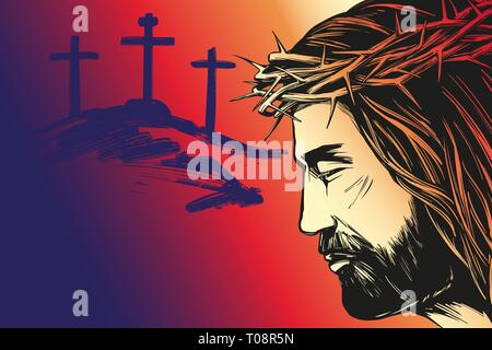 Jesus Christ, the Son of God, calligraphic text, Holy Easter holiday religious calligraphic text, cross symbol of Christianity hand drawn vector Stock Vector