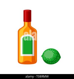 Bottle of tequila with lime. Stock Vector