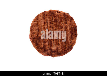 Big juicy grilled hamburger patty, isolated on white background. Directly above. Stock Photo