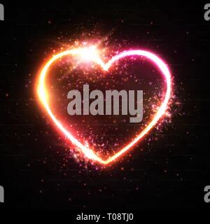 Heart background on black brick wall. Neon sign. Stock Vector