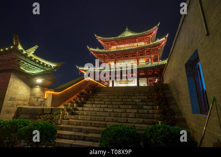 Chao Yang Lou, the old city gate of Jianshu, Yunnan, China at night Stock Photo