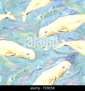 Belugas, hand painted watercolor illustration, seamless pattern on blue ocean surface with waves background Stock Photo