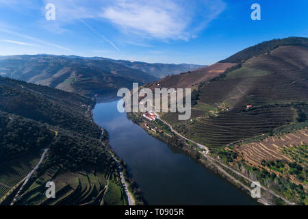 Aerial view of the terraced vineyards in the Douro Valley and river near the village of Pinhao, Portugal; Concept for travel in Portugal and most beau Stock Photo