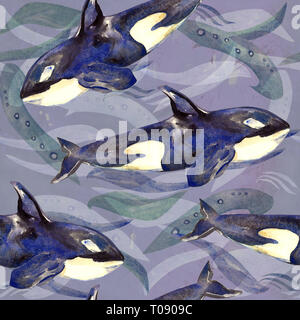 Killer whale, Orca, hand painted watercolor illustration, seamless pattern on blue, gray ocean surface with waves background Stock Photo