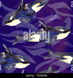 Killer whale, Orca, hand painted watercolor illustration, seamless pattern on blue ocean surface with waves background Stock Photo