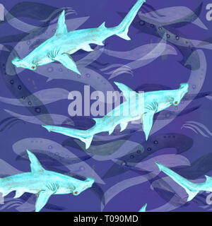 Great hammerhead shark, hand painted watercolor illustration, seamless pattern on blue ocean surface with waves background Stock Photo