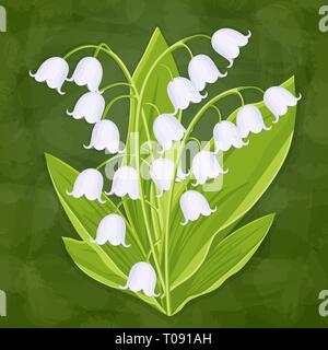 Lily of the valley, spring bouquet of delicate flower, vector illustration. White buds forest flowers bluebells, stalks and leaves isolated on green t Stock Vector